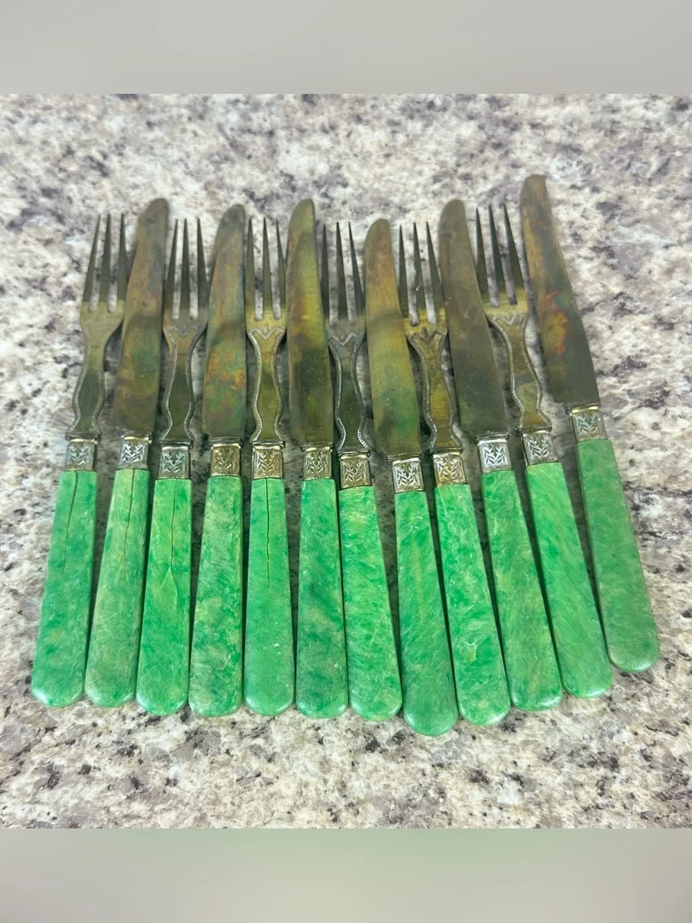 Set of 12 Antique French Vermeil Green Handle Fruit Service Flatware Fork Knife